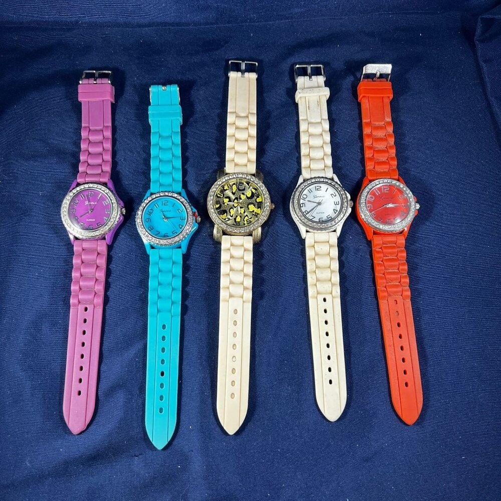 Set Of 5 Geneva Quartz Watches With Rhinestone Bezels & Silicone Straps - Assort